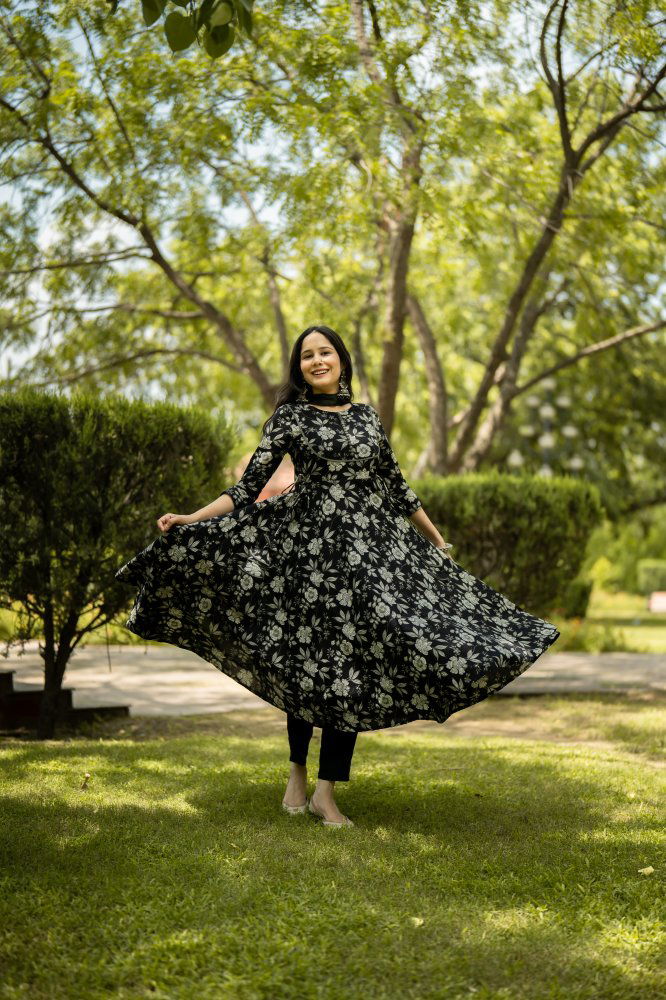 Akshar Designer Cotton Printed Anarkali Kurti With Bottom Dupatta Wholesale Shop In Surat
